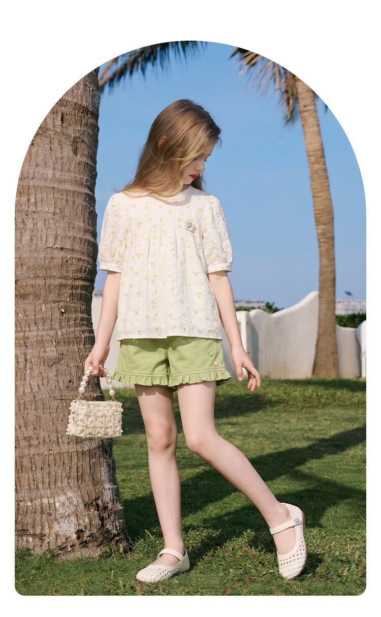 CHANZUIGOU Girls' Glutinous Yellow Floral Print Short Sleeve Top 2026 Summer New Stylish Versatile Shirt 16
